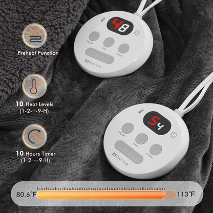 Heated Blanket Queen Size 84''X90'', Fast Heating with Dual Controllers Electric Blanket, 10 Heating Levels, 10H Timer, Preheat Function - Gray
