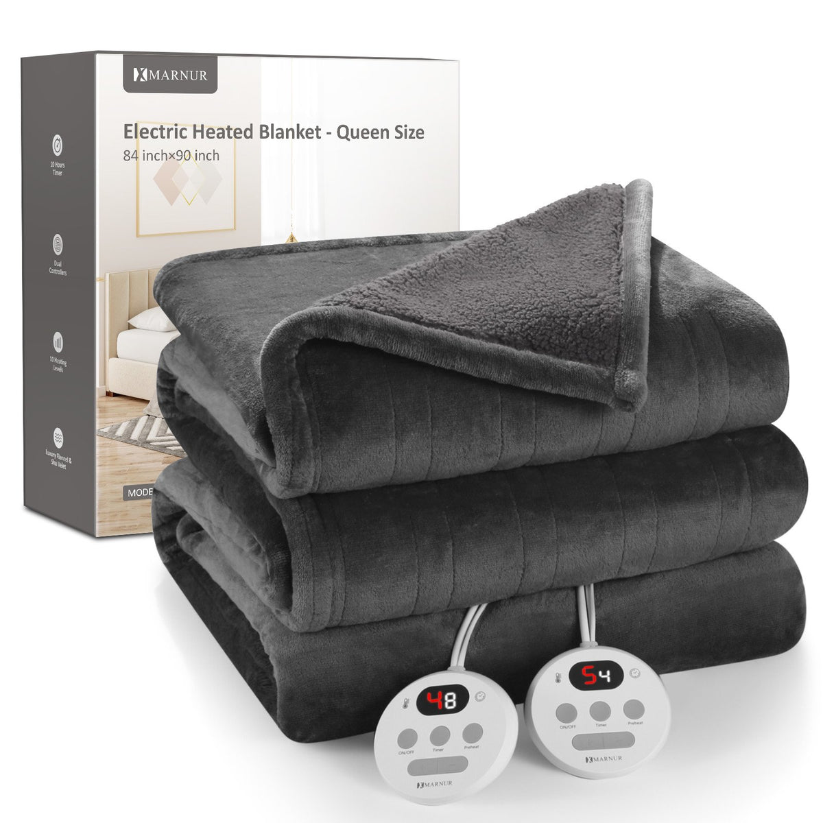 Heated Blanket Queen Size 84''X90'', Fast Heating with Dual Controllers Electric Blanket, 10 Heating Levels, 10H Timer, Preheat Function - Gray